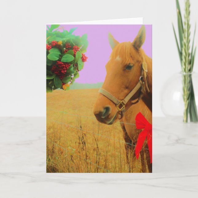 Cartes Pour Fêtes Annuelles Ciel rose rétro Cheval de Noël (Devant)