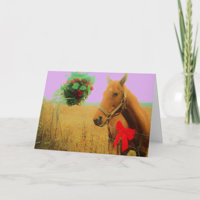 Cartes Pour Fêtes Annuelles Ciel rose rétro Cheval de Noël (Devant)