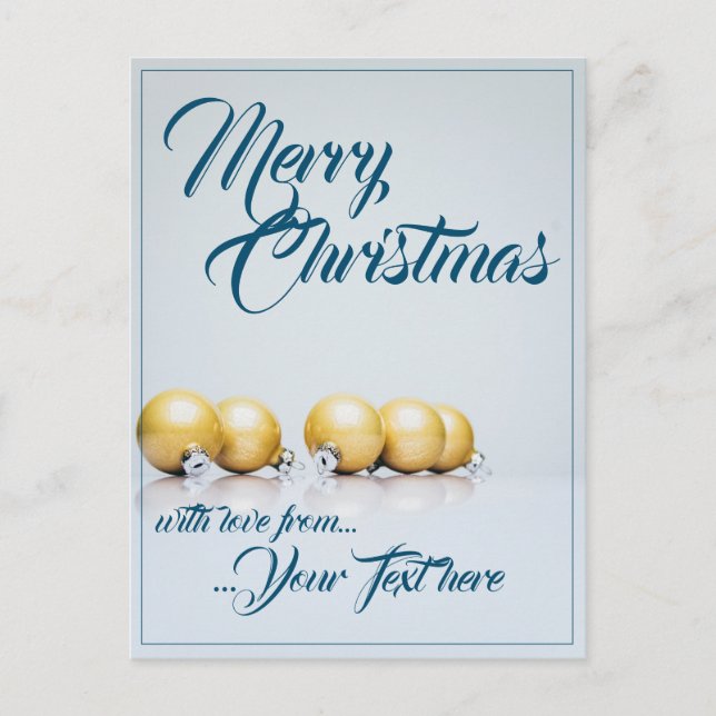 Cartes Pour Fêtes Annuelles Cinq boules dorées de Noël - écriture bleue (Devant)