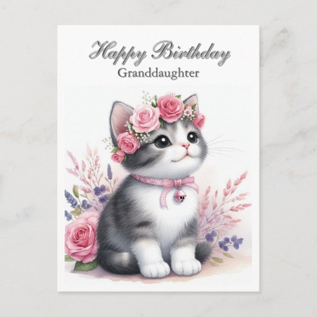 Cartes Pour Fêtes Annuelles Cite Kitten Roses roses roses Petite-fille (Devant)