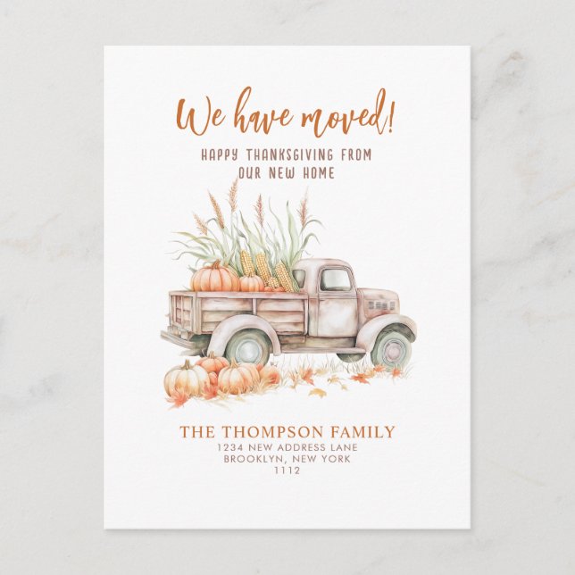 Cartes Pour Fêtes Annuelles Citrouille Camion Thanksgiving Nous avons déménagé (Devant)