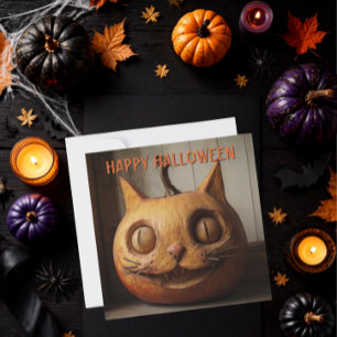 Cartes Pour Fêtes Annuelles Citrouille d'Halloween de chat sculpté rustique