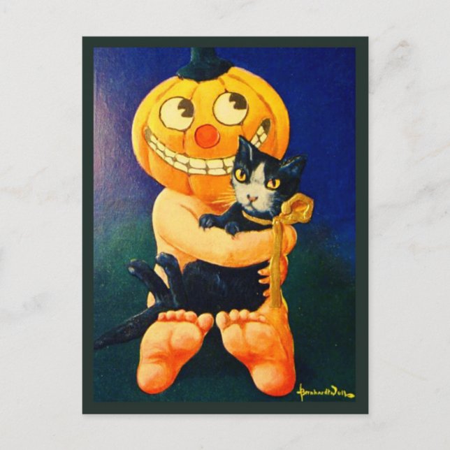 Cartes Pour Fêtes Annuelles Citrouille Head Boy Holding Chat - Halloween Vinta (Devant)