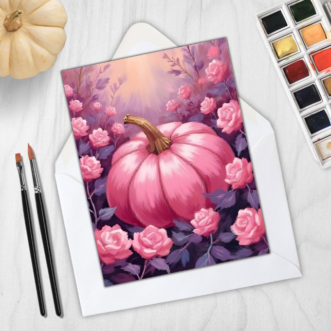 Cartes Pour Fêtes Annuelles Citrouille rose rose florale Halloween Thanksgivin (Créateur téléchargé)