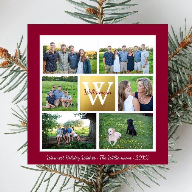 Cartes Pour Fêtes Annuelles Classic Christmas Monogramme Holiday Photo Collage (Créateur téléchargé)