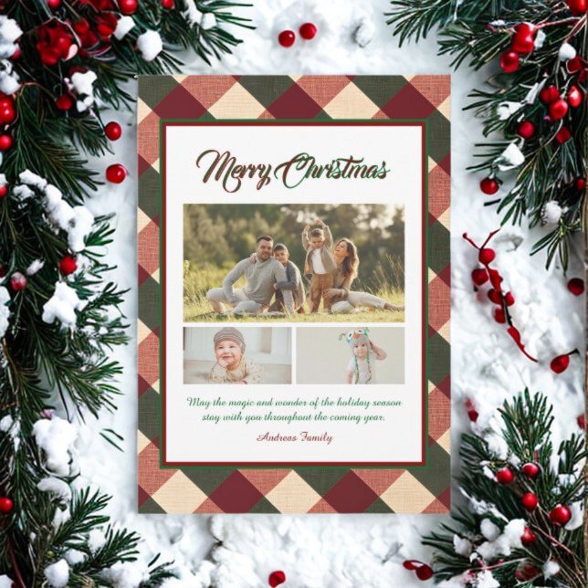 Cartes Pour Fêtes Annuelles Classic Christmas Red Green Plaid 3 Photo  (Créateur téléchargé)