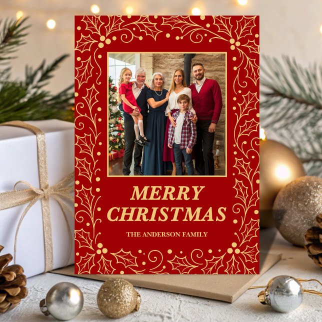 Cartes Pour Fêtes Annuelles Classic Red & Antique-Gold Family Photo Christmas (Créateur téléchargé)