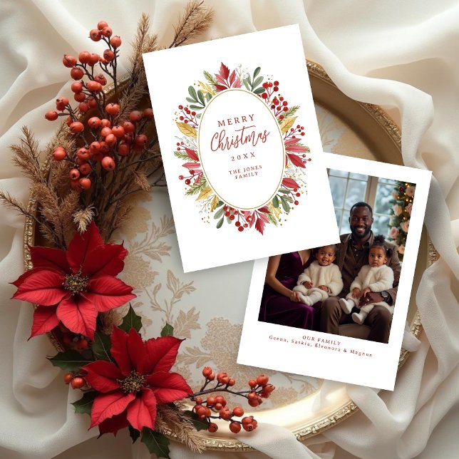 Cartes Pour Fêtes Annuelles Classic Traditional Christmas Botanical Oval Frame (Classic Traditional Christmas Botanical Oval Frame Holiday Cards with Back Photo.)