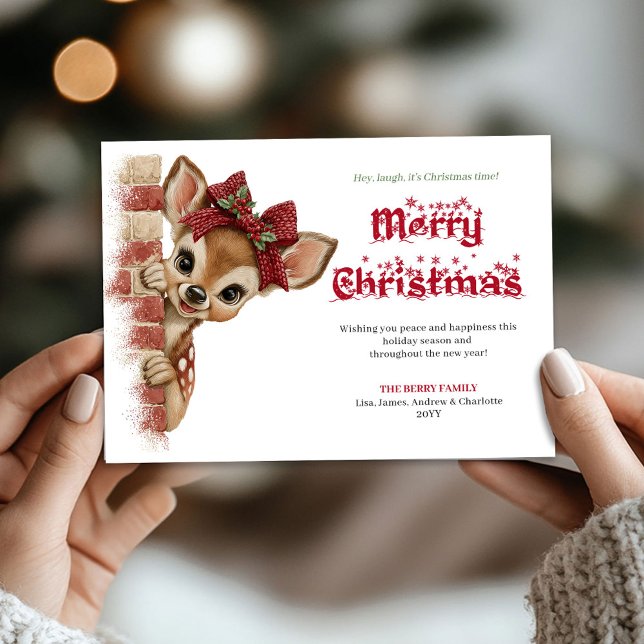 Cartes Pour Fêtes Annuelles Classic Xmas baby fawn peeking forest greeting   (Classic Xmas baby fawn peeking forest greeting card)