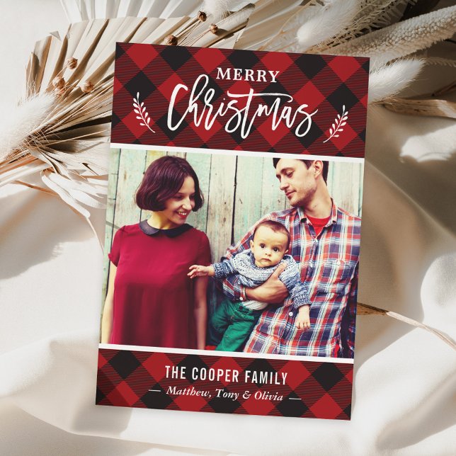 Cartes Pour Fêtes Annuelles Classique Buffle Rouge Plaid Joyeux Noël Photo (Créateur téléchargé)