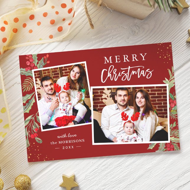 Cartes Pour Fêtes Annuelles Classique moderne rouge et vert Joyeux Noël Photo (Créateur téléchargé)
