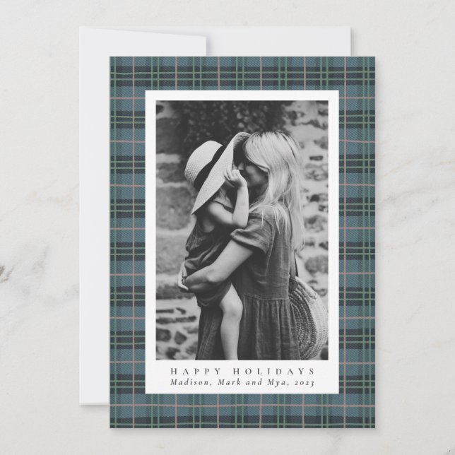 Cartes Pour Fêtes Annuelles Classique Noël Dusty Blue Plaid Photo (Devant)