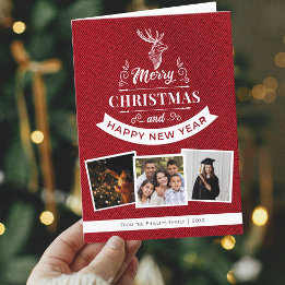 Cartes Pour Fêtes Annuelles Classique Rouge 3 Photo Famille Reindeer Noël