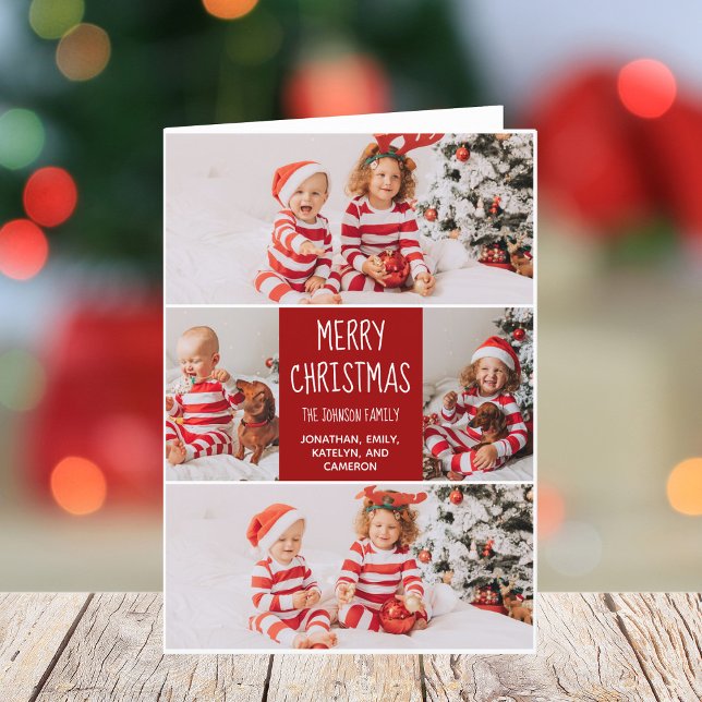 Cartes Pour Fêtes Annuelles Classique Rouge Noël Famille Photo Collage Plié (Créateur téléchargé)