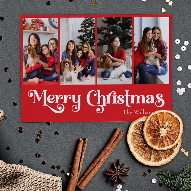 Cartes Pour Fêtes Annuelles Classique Simple Rouge Joyeux Noël Quatre Photo (Créateur téléchargé)
