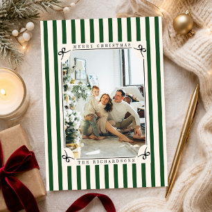 Cartes Pour Fêtes Annuelles Classiques rayures vertes et ivoire une photo Noël