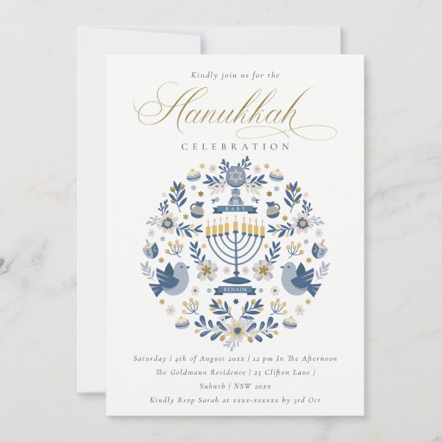Cartes Pour Fêtes Annuelles Classy Navy Blue Hanukkah Floral Party (Devant)