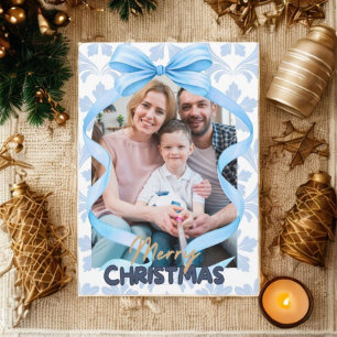 Cartes Pour Fêtes Annuelles Cloche à ruban bleu aquarelle Photo de Noël vintag