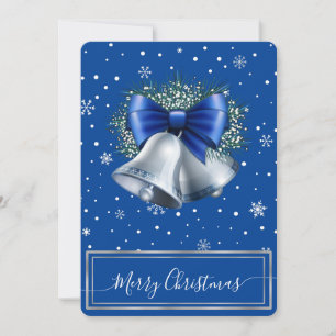 Cartes Pour Fêtes Annuelles Cloches D'Argent Élégantes Avec Ruban Bleu Et Snow