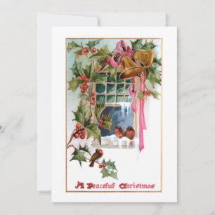 Cartes Pour Fêtes Annuelles Cloches de Noël, Ruban, Holly & Birds à la fenêtre