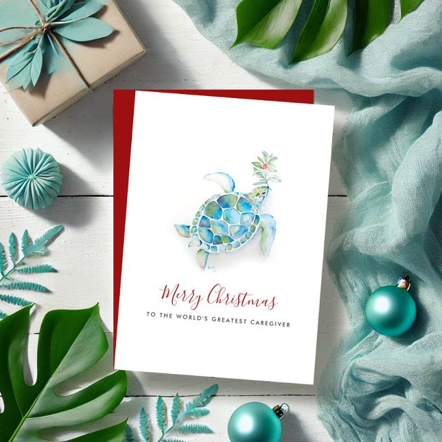Cartes Pour Fêtes Annuelles Coastère Noël Tortue de mer Aquarelle (Merry Christmas wishes for caregiver features watercolor sea turtle by Victoria Grigaliunas)