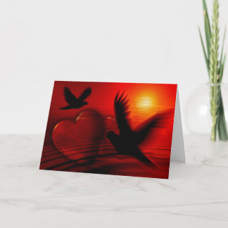 Cartes Pour Fêtes Annuelles Coeur, colombes et coucher du soleil