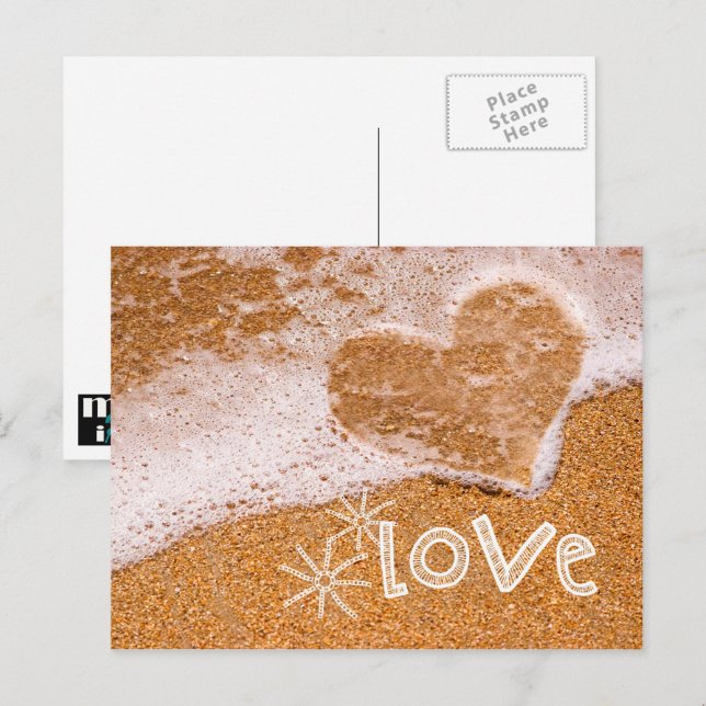 Cartes Pour Fêtes Annuelles Coeur dans le sable. St-Valentin (Devant / Derrière)