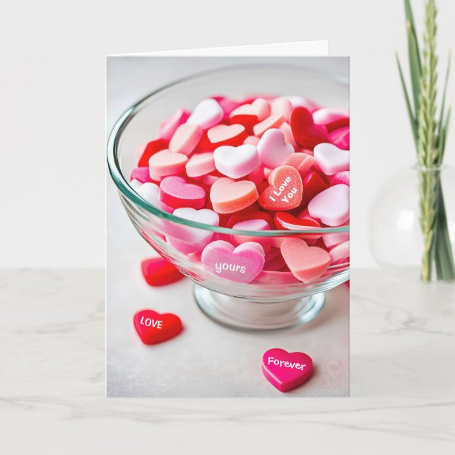 Cartes Pour Fêtes Annuelles Cœur de la Saint-Valentin bonbons dans un bol (Devant)