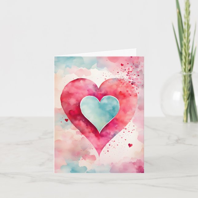 Cartes Pour Fêtes Annuelles Coeurs d'aquarelle bleu et rouge Valentine (Devant)