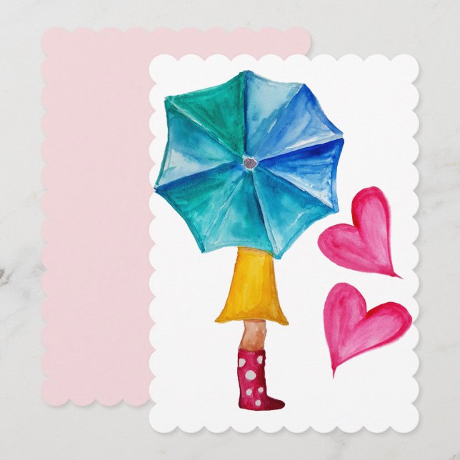 Cartes Pour Fêtes Annuelles Coeurs d'aquarelle pour fille parapluie (Devant / Derrière)