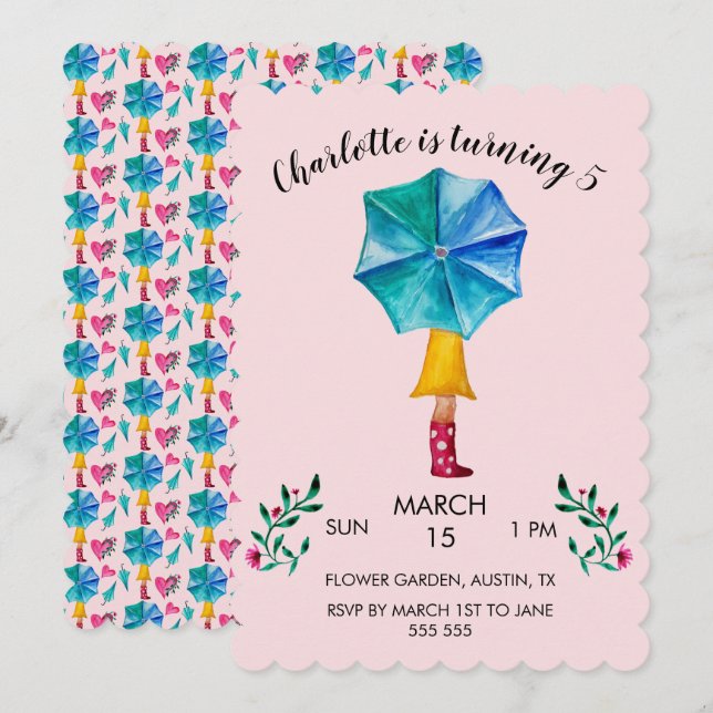 Cartes Pour Fêtes Annuelles Coeurs d'aquarelle pour fille parapluie (Devant / Derrière)