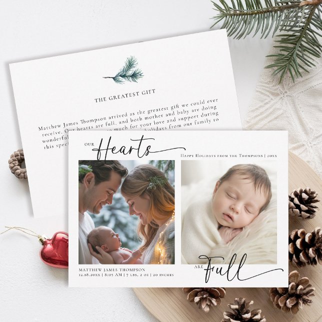 Cartes Pour Fêtes Annuelles Cœurs de Noël Famille Moderne Bébé 2 Photos (christmas family card baby announcement card chic calligraphy simple elegant 2 photos classic)