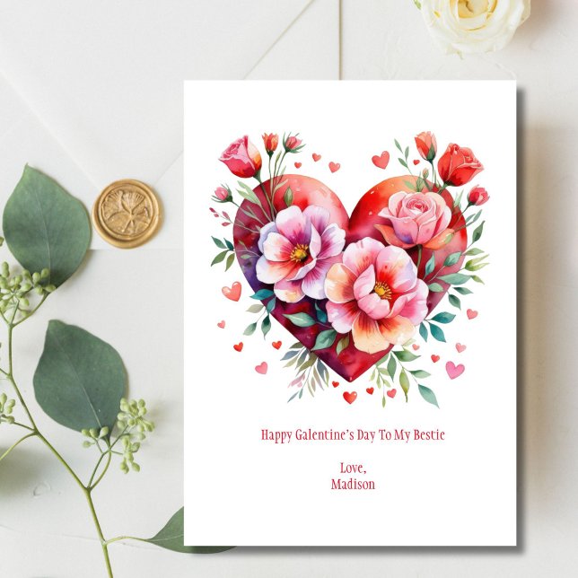 Cartes Pour Fêtes Annuelles Cœurs Fleurs Roses Rouges Galentine Saint-Valentin (Heart and Flowers watercolor Pink Red Galentine's Day Valentine's Day Card. Printed or Digital)
