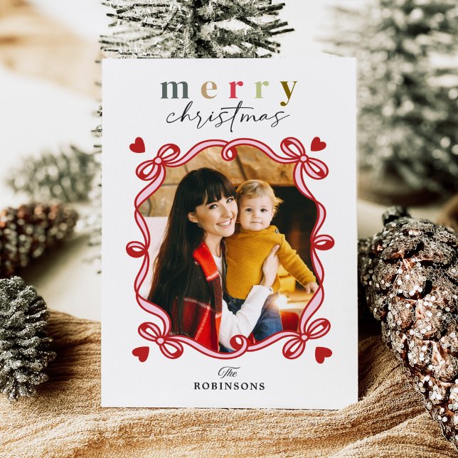 Cartes Pour Fêtes Annuelles Coeurs Joueurs Ruban Bow Joyeux Noël Photo (Créateur téléchargé)