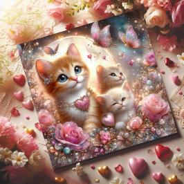 Cartes Pour Fêtes Annuelles Coeurs roses Chatons Papillons Saint-Valentin
