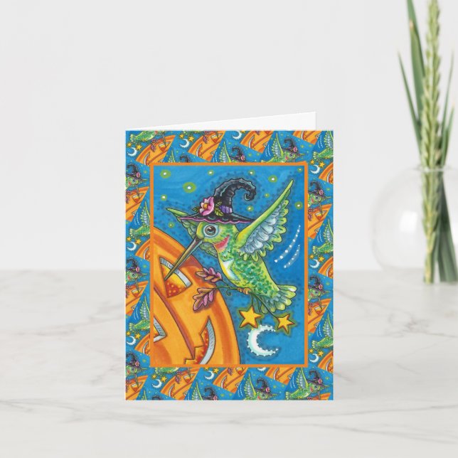 CARTES POUR FÊTES ANNUELLES COLIBRI D'HALLOWEEN & CITROUILLE FANTASIE (Devant)