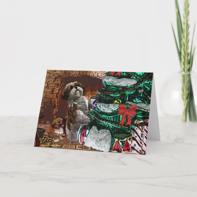 Cartes Pour Fêtes Annuelles Collage d'arbre de Noël de Shih Tzu (Devant)