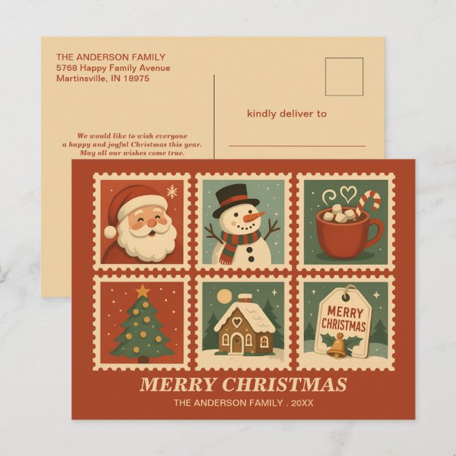 Cartes Pour Fêtes Annuelles Collage de timbre de Noël rétro (Devant / Derrière)
