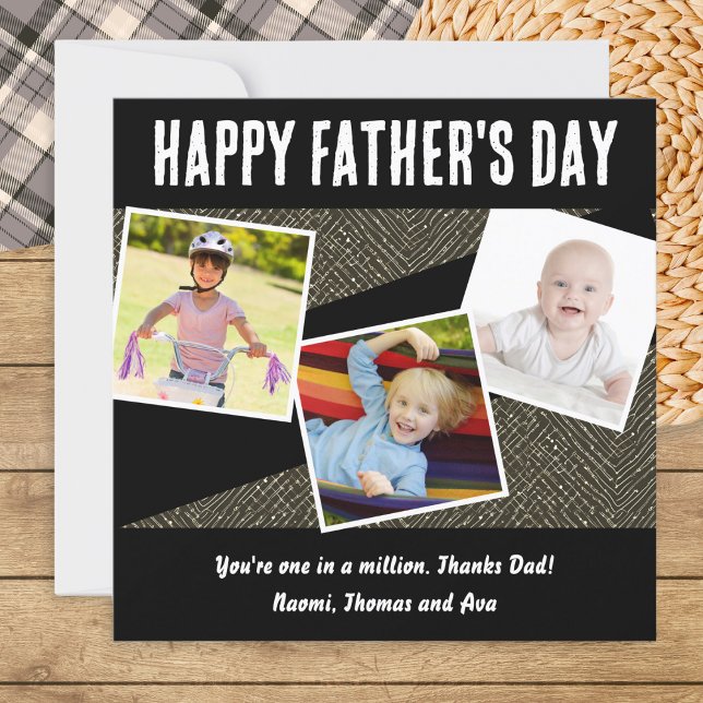 Cartes Pour Fêtes Annuelles Collage photo 3 personnalisées Fête des pères élég (A stylish Father's Day card in black and white, to personalize with three photos and a message)