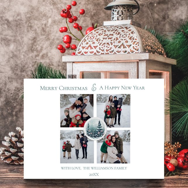 Cartes Pour Fêtes Annuelles Collage photo de la forêt d'hiver blanche (White Winter Forest Floral Photo Collage Holiday Card)
