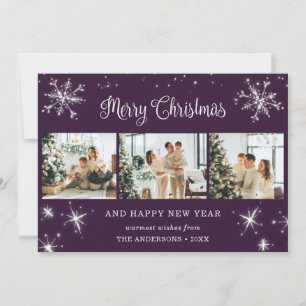 Cartes Pour Fêtes Annuelles Collage photo de neige violet en argent