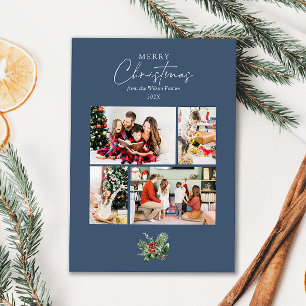 Cartes Pour Fêtes Annuelles Collage photo de Noël bleu simple avec verdure