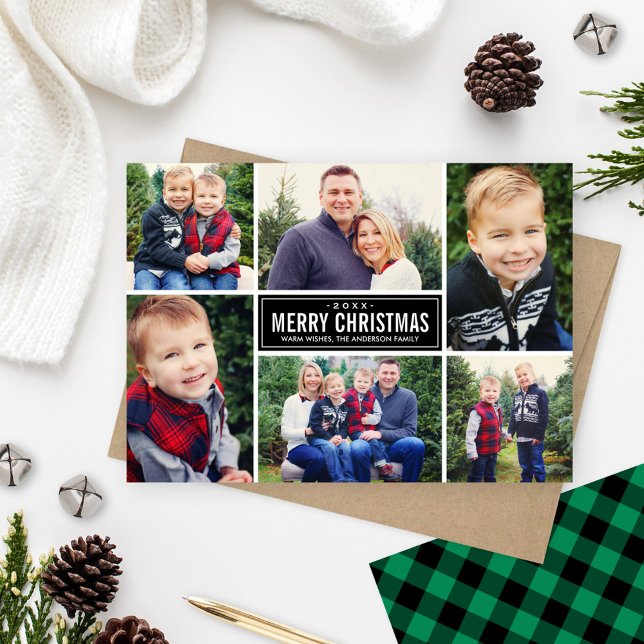 Cartes Pour Fêtes Annuelles Collage photo en vichy vert Buffalo Joyeux Noël (Créateur téléchargé)