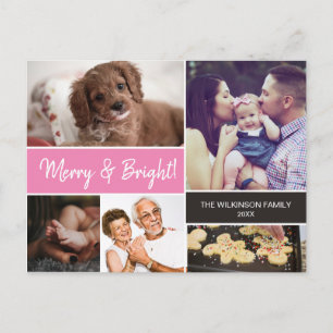 Cartes Pour Fêtes Annuelles Collage photo familial Merry & Bright Noël rose