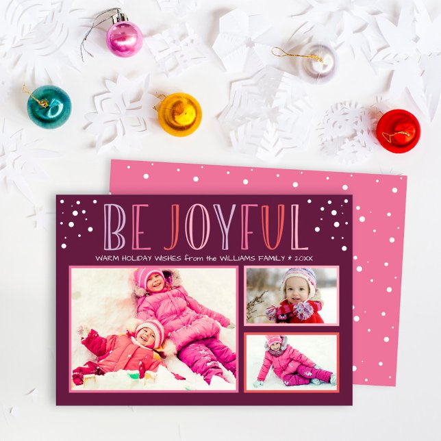 Cartes Pour Fêtes Annuelles Collage photo moderne bordeaux rose "Soyez joyeux" (Créateur téléchargé)