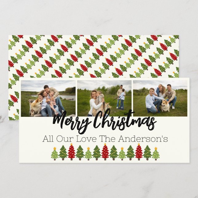 Cartes Pour Fêtes Annuelles Collage photo personnalisé 3 avec arbres de Noël (Devant / Derrière)