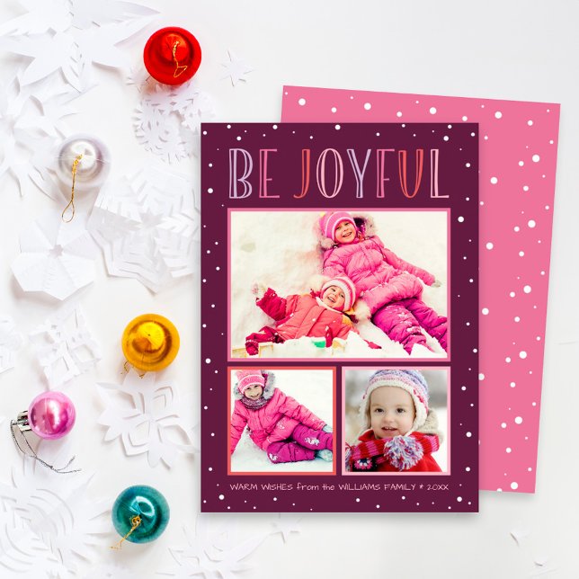 Cartes Pour Fêtes Annuelles Collage photo rose burgundy moderne Soyez Joyeux (Créateur téléchargé)