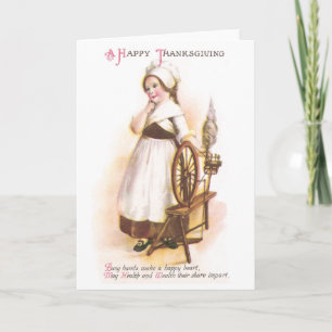 Cartes Pour Fêtes Annuelles Colonial American Girl and her Spinning Wheel