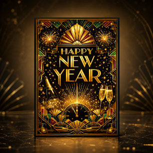 Cartes Pour Fêtes Annuelles Coloré Art Déco Bonne Année en Or