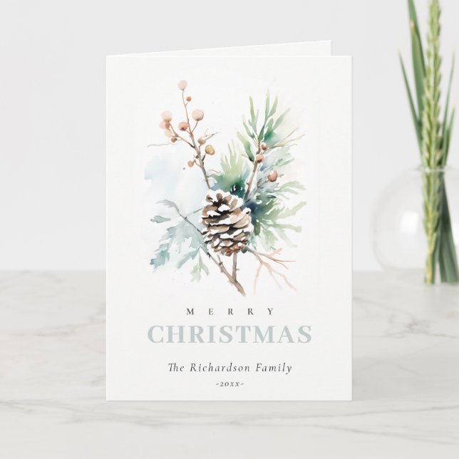 Cartes Pour Fêtes Annuelles Cône de pin aquarelle baies d'hiver Noël (Devant)